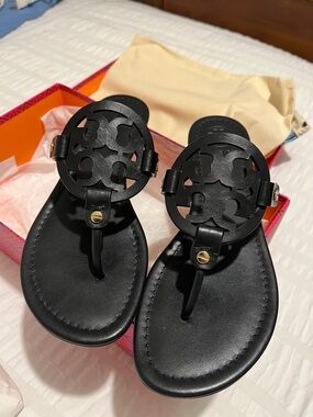 Tory Burch Miller Black Leather Logo Thong Sandals